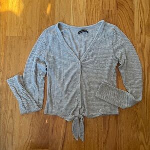 Abercrombie & Fitch Light Gray Ribbed Tie-Front Blouse